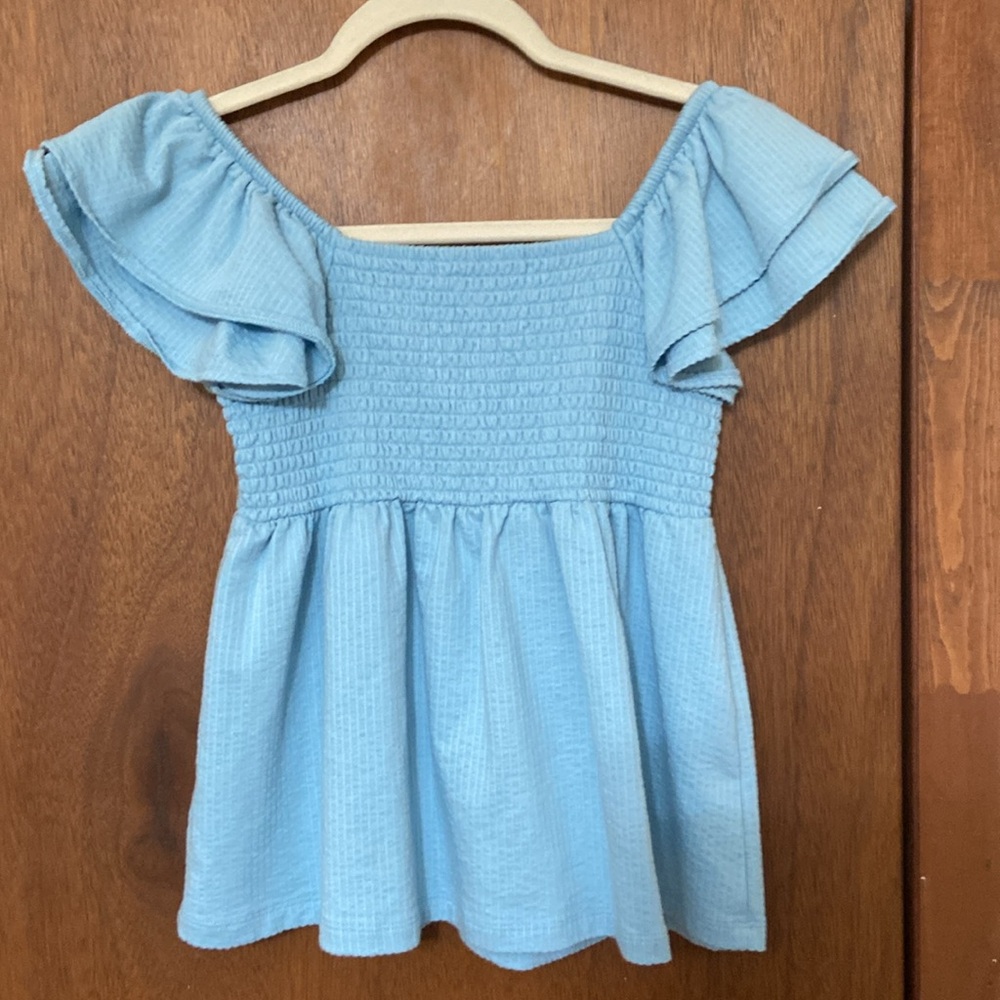 SO Blue Babydoll Ruffle Ribbed Top Juniors - Picture 2 of 4